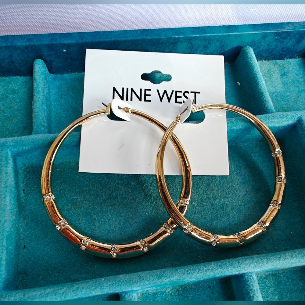 NWT Nine West Goldtone Rhinestone Large Hoop Costume Earrings